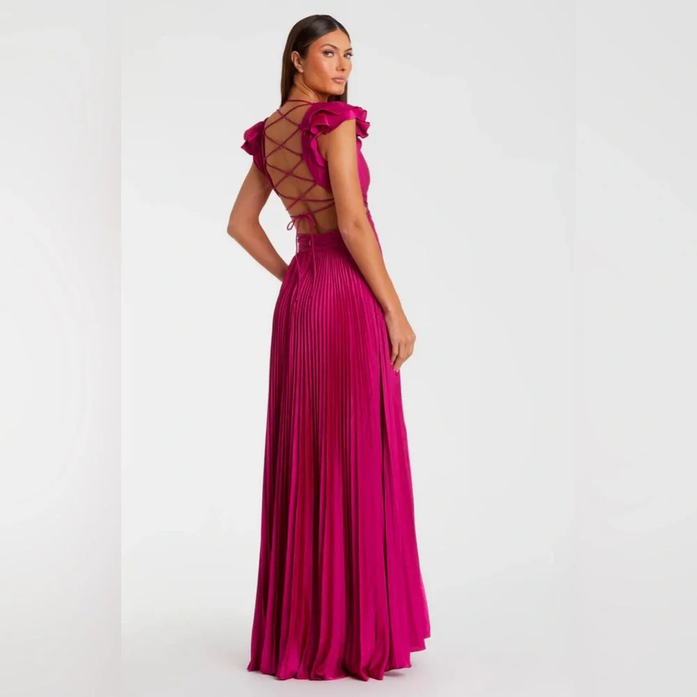 NWT Mac Duggal Fuschia Pleated Ruffled Cap Sleeve Cut Out Lace Up Gown - Picture 2 of 3